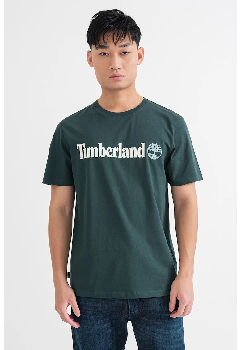 Tricou cu decolteu la baza gatului si imprimeu logo Linear, Verde inchis/Alb murdar