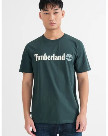 Tricou cu decolteu la baza gatului si imprimeu logo Linear, Verde inchis/Alb murdar