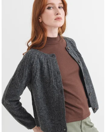 Cardigan din amestec de lana cu decolteu barcuta, Gri inchis melange