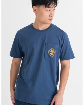 Tricou cu imprimeu si decolteu la baza gatului, Portocaliu/Albastru inchis
