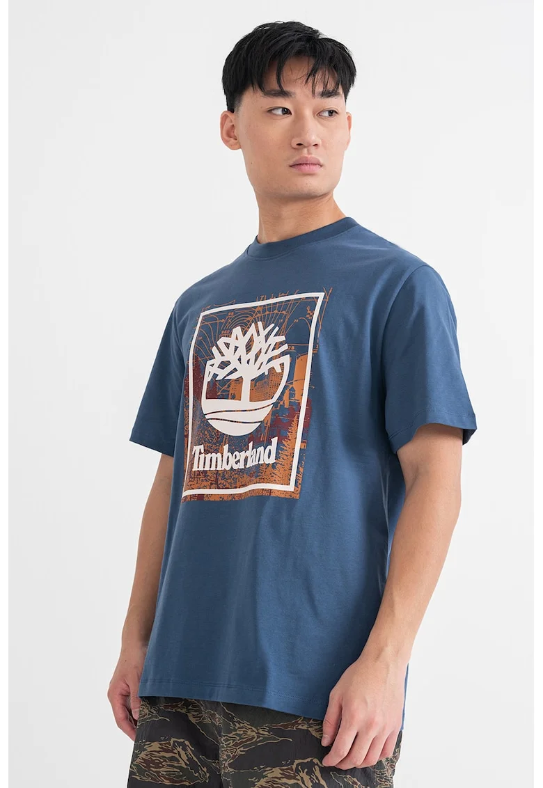 Tricou cu imprimeu grafic si logo, Alb/Albastru inchis/Portocaliu stins