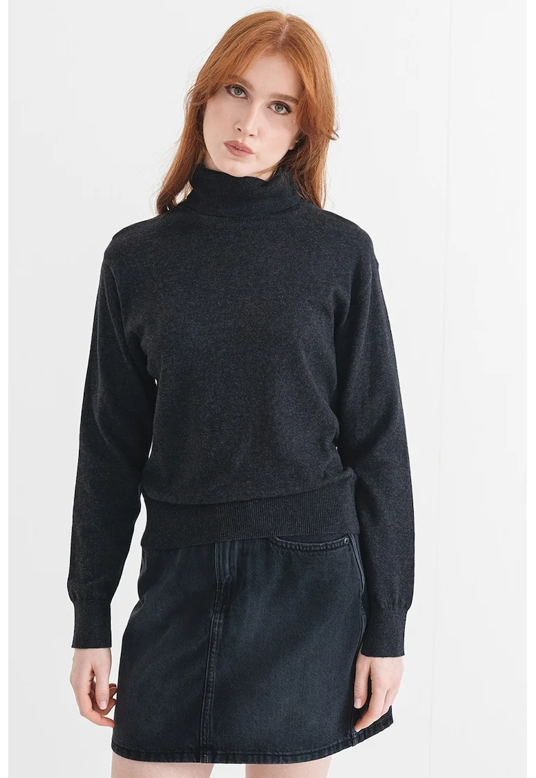 Pulover din amestec de lana si casmir, cu guler inalt, Gri inchis melange