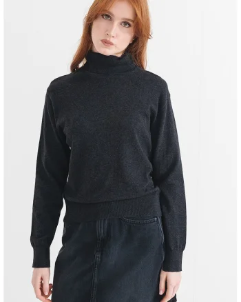 Pulover din amestec de lana si casmir, cu guler inalt, Gri inchis melange