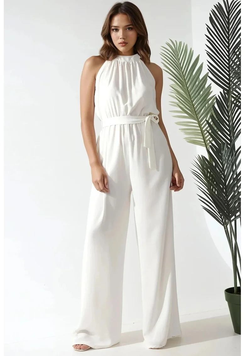Salopeta dama,  cu guler larg, decolteu halter, bej, bumbac