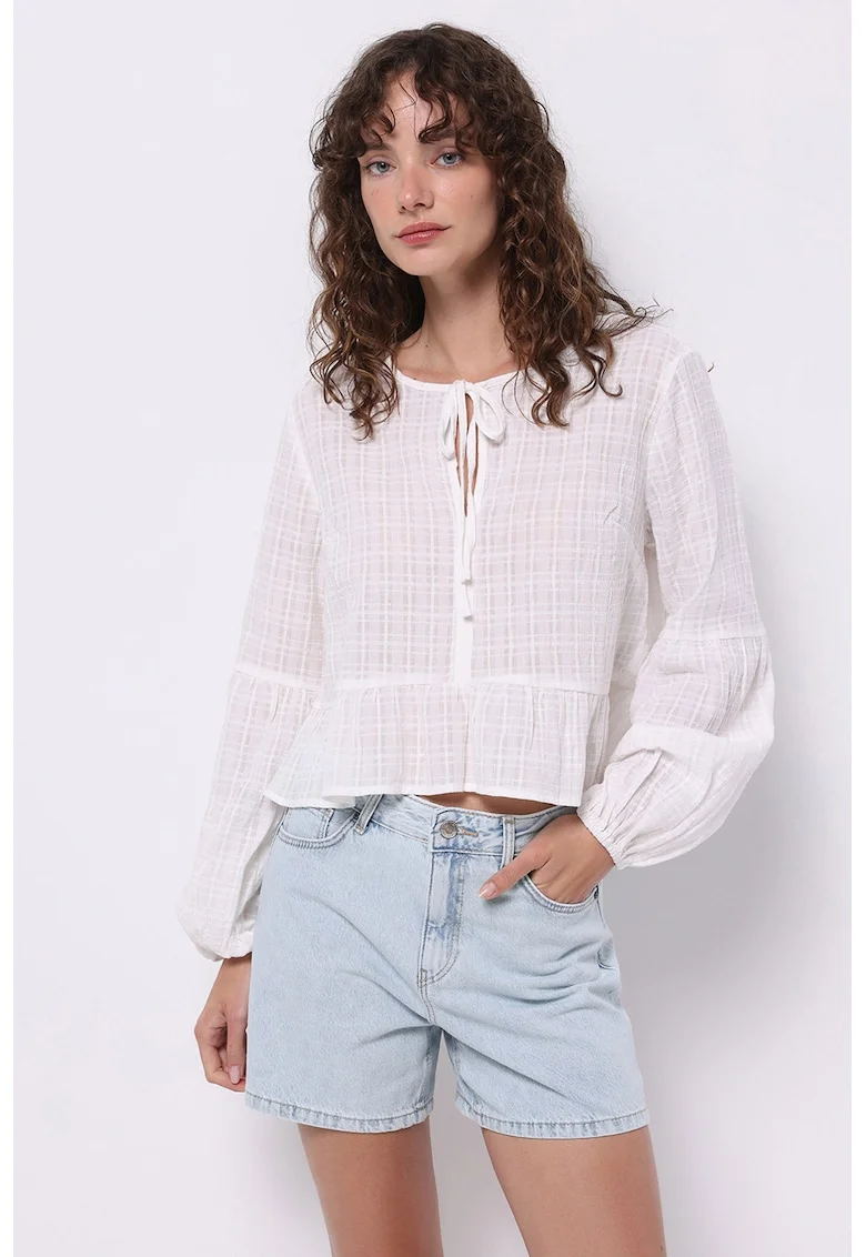 Bluza de bumbac semitransparenta cu terminatie cu volan, Galben/Alb murdar