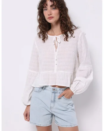 Bluza de bumbac semitransparenta cu terminatie cu volan, Galben/Alb murdar