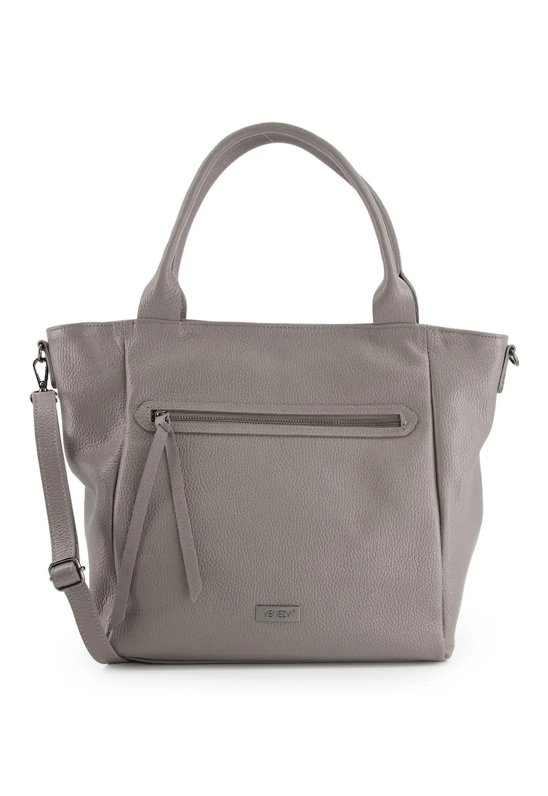 Geanta dama  shopper gri, piele naturala, 34x44x12cm, cu 3 compartimente interioare, curea detasabila 105cm