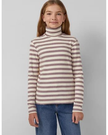Bluza slim-fit cu guler inalt si dungi, Violet tyrian/Crem