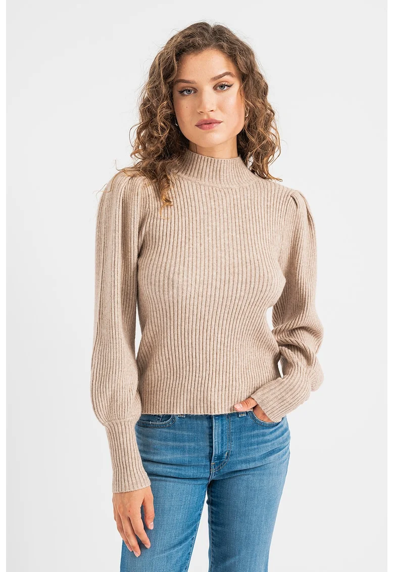 Pulover cu guler inalt, striatii si maneci bufante, Maro taupe