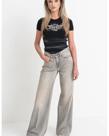 Tricou slim fit cu decolteu la baza gatului, Negru/Argintiu