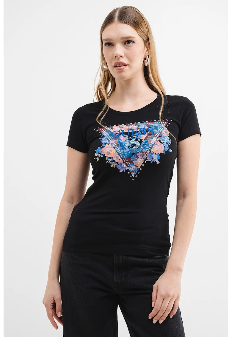 Tricou slim fit cu logo si decolteu la baza gatului, Negru/Albastru