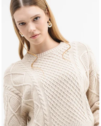 Pulover din amestec de lana cu model torsade, Maro nisip