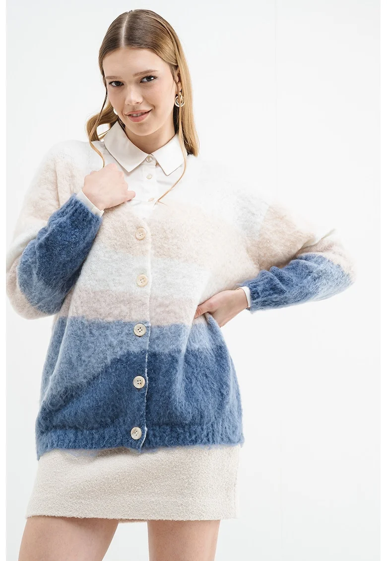 Cardigan supradimensionat cu model colorblock, Albastru/Crem