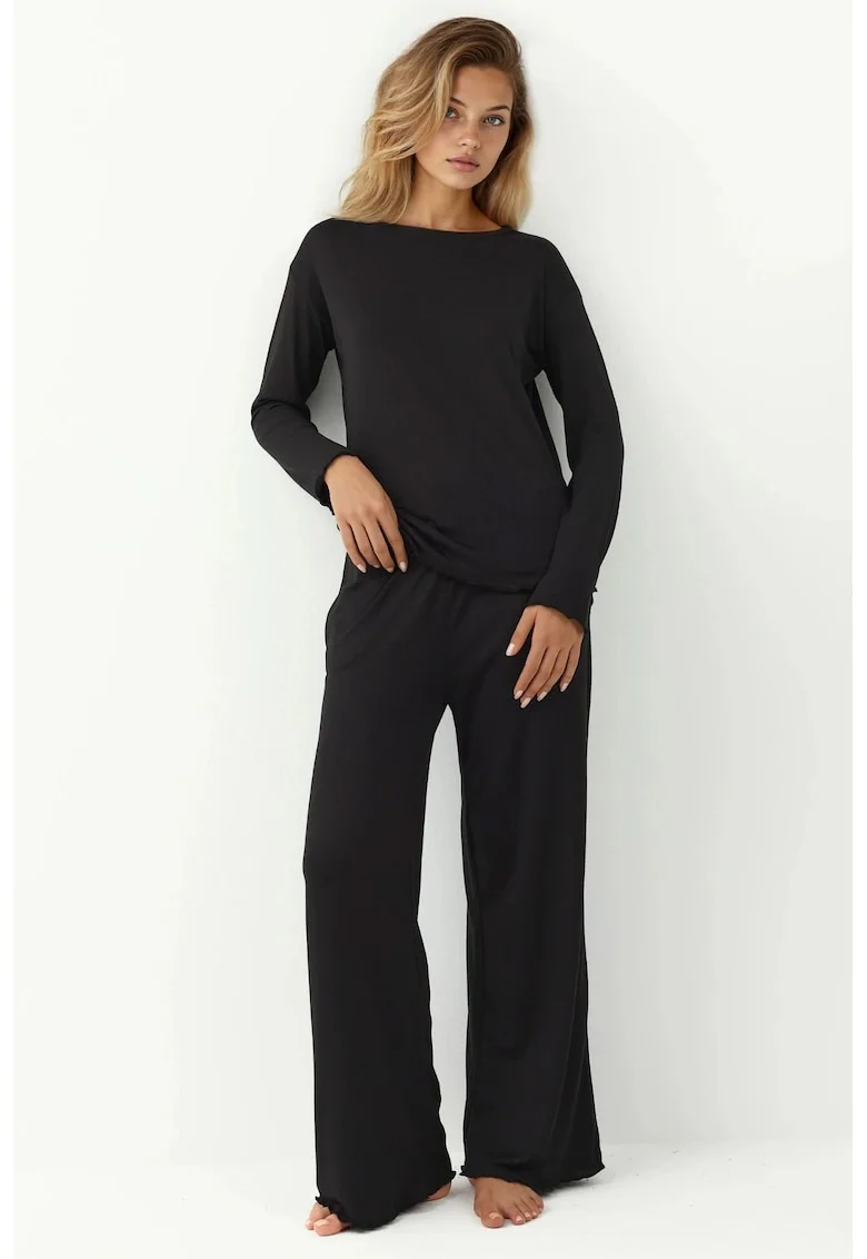 Set pijama dama  confortabil, maneca lunga, negru, jerseu