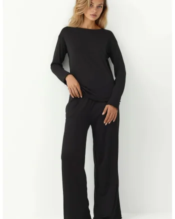 Set pijama dama  confortabil, maneca lunga, negru, jerseu