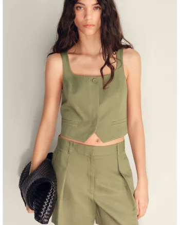 Pantaloni scurti din amestec de in cu pliuri, Verde masliniu