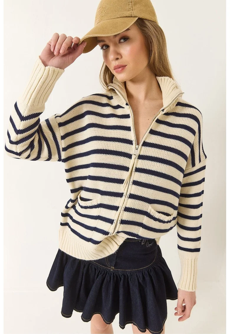 Pulover dama,  cardigan tricotat cu dungi, guler cu fermoar, ecru, tricot,