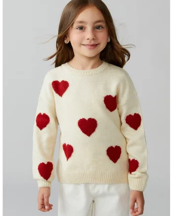 Pulover cu inimi brodate, Rosu/Alb fildes
