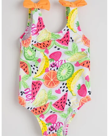 Costum de baie cu imprimeu cu fructe, Alb/Fucsia/Verde neon