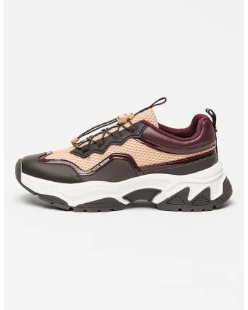 Pantofi sport de plasa cu garnituri de piele ecologica, Maro inchis/Roz somon/Violet pruna