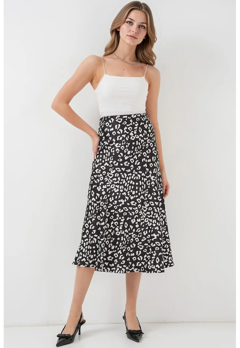 Fusta midi HiCCUP, A-Form, elastic, satin, alb/negru, Gri carbune