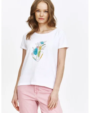 Tricou de bumbac cu imprimeu floral, Alb