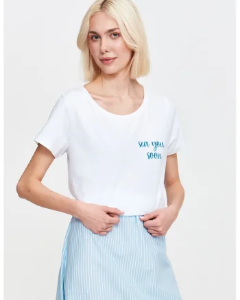 Tricou de bumbac cu model text, Alb