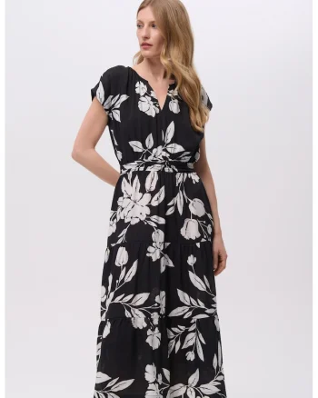 Rochie cu decolteu in V si imprimeu floral, Alb/Negru