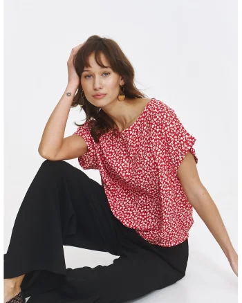 Bluza cu model si maneci cazute, Rosu/Alb