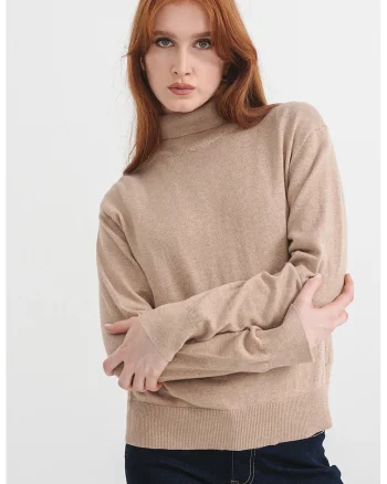 Pulover din amestec de lana si casmir, cu guler inalt, Bej