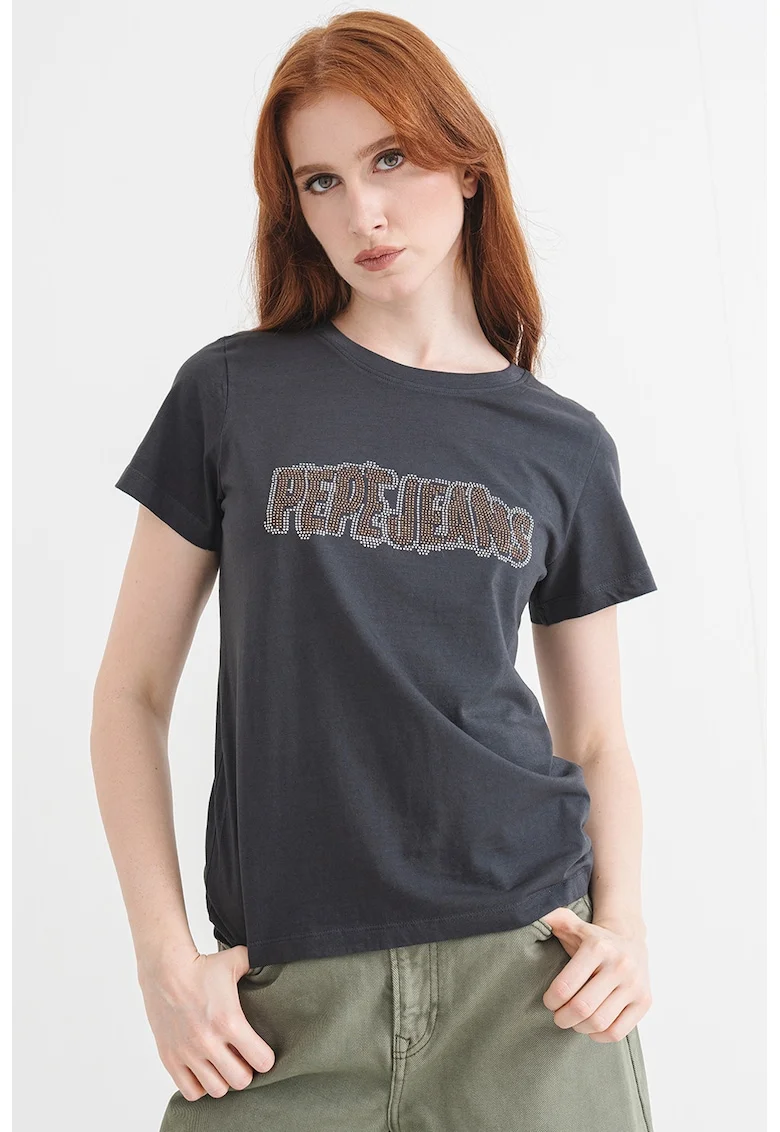 Tricou de bumbac cu logo cu strasuri, Albastru inchis/Argintiu