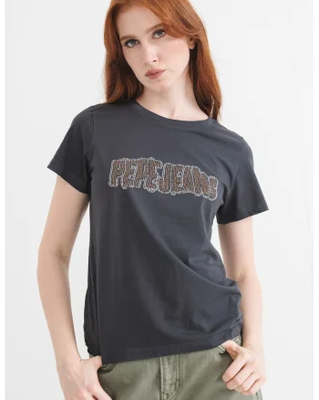 Tricou de bumbac cu logo cu strasuri, Albastru inchis/Argintiu