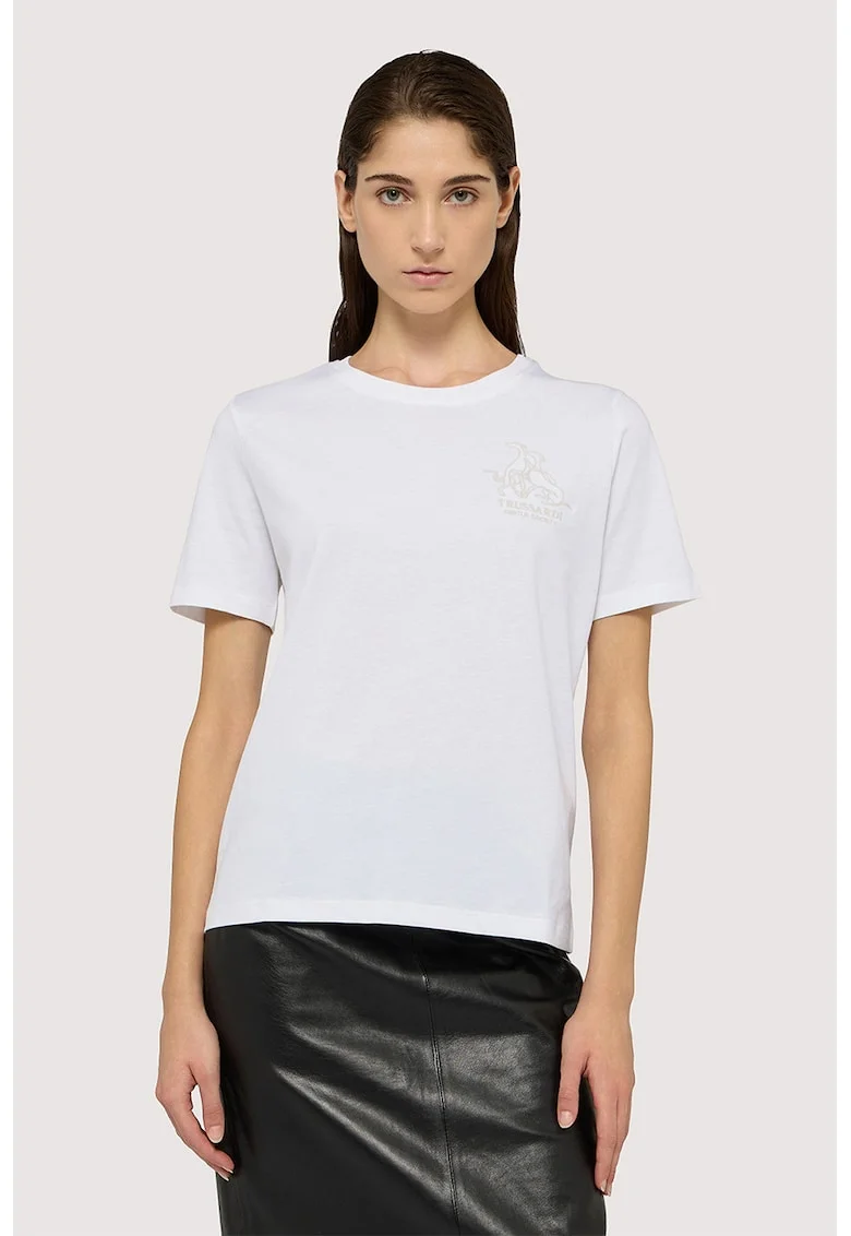 Tricou cu decolteu la baza gatului si logo pe piept, Alb