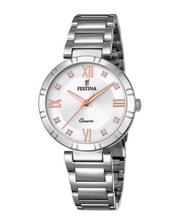 Ceas rotund decorat cu zirconia, Argintiu/Auriu rose/Alb, Argintiu