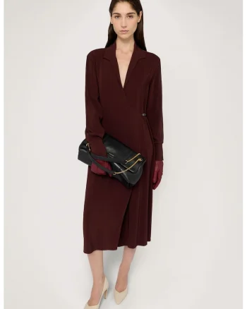 Rochie cu decolteu in V si maneci lungi, Maro cognac