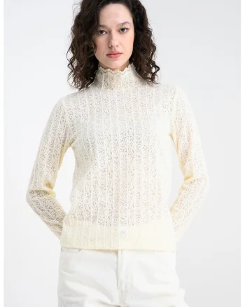 Pulover striat cu guler, Crem