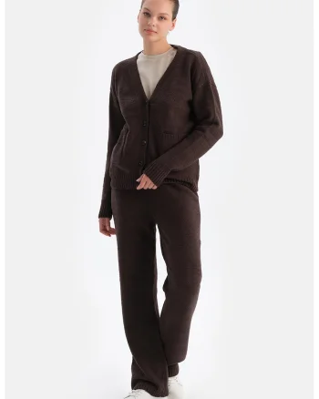 Pantaloni tricotati cu talie elastica, Maro inchis