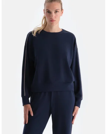 Bluza de trening din amestec de modal cu decolteu la baza gatului, Bleumarin