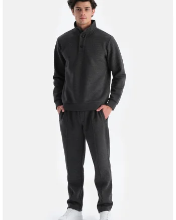 Pantaloni de trening cu croiala dreapta si snur de ajustare, Negru melange
