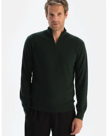 Pulover din amestec de lana si casmir cu fermoar scurt, Verde padure