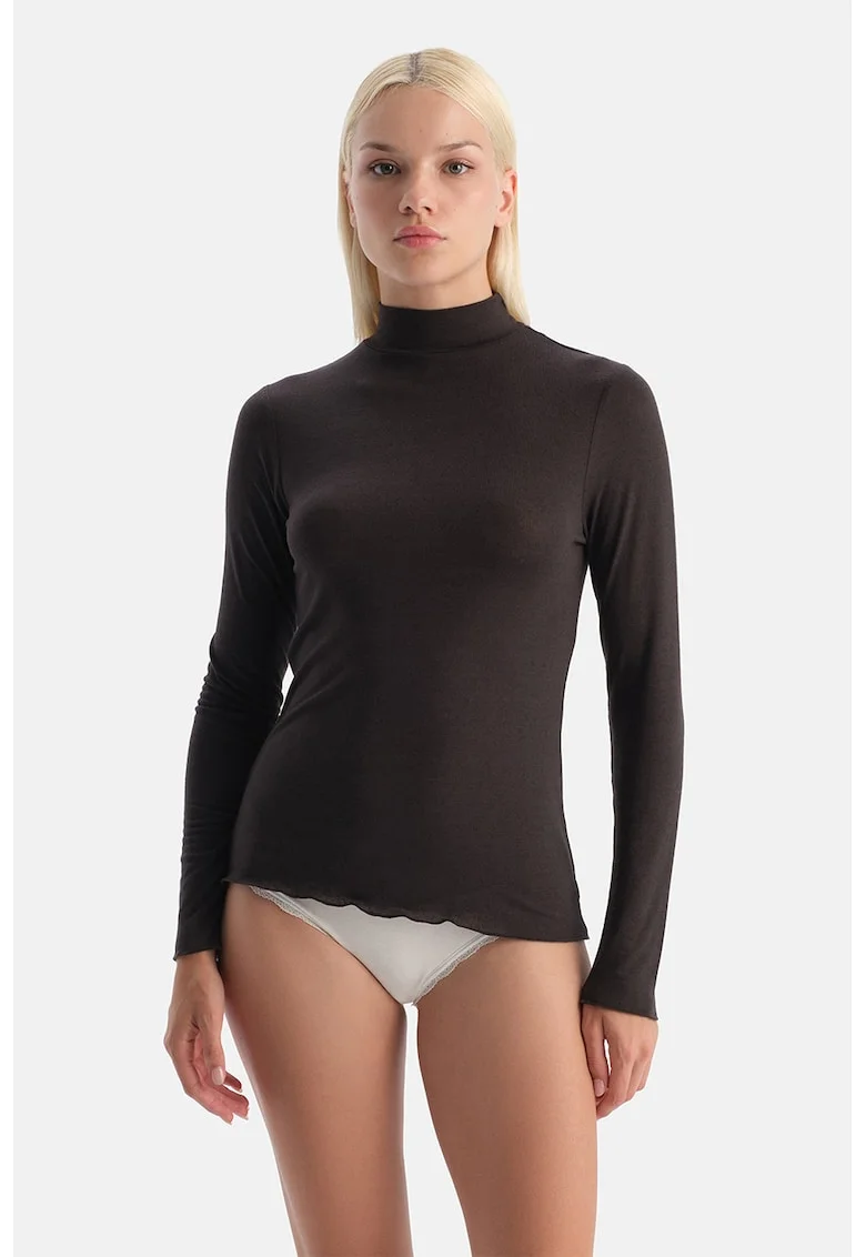 Bluza de casa din amestec de casmir si modal cu guler, Negru stins