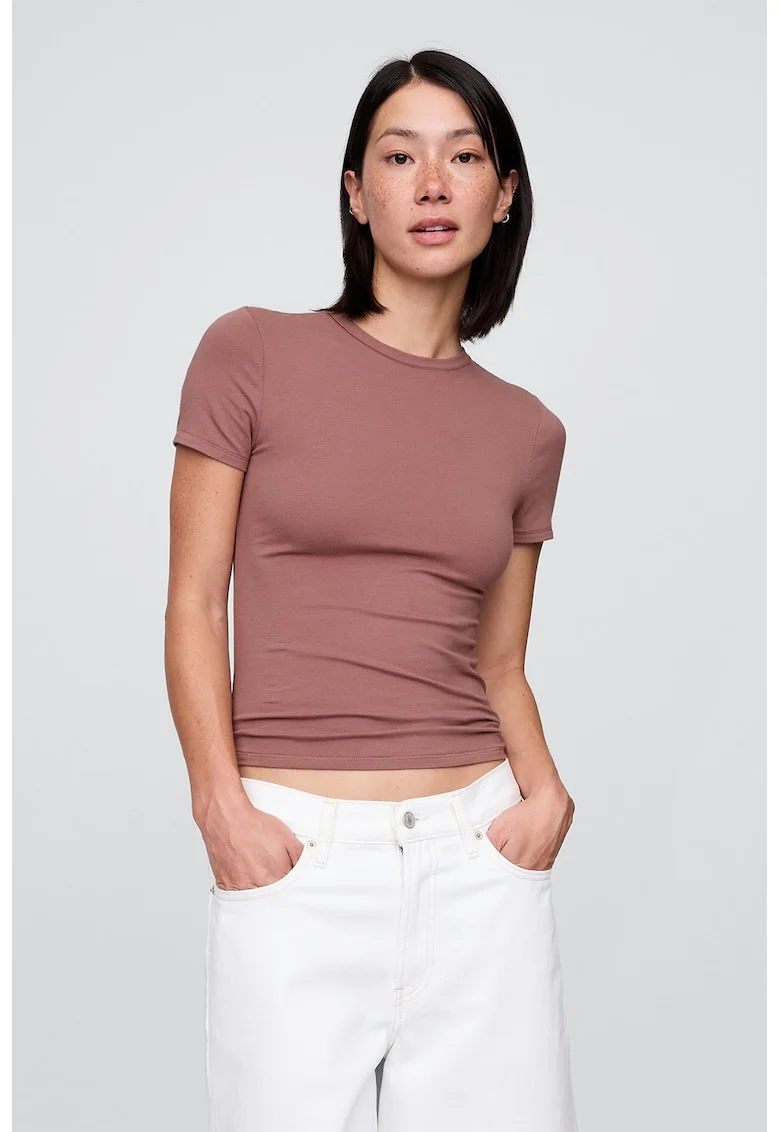 Tricou slim fit cu decolteu la baza gatului, Maro taupe