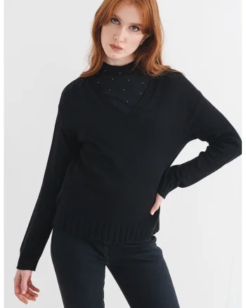 Pulover din amestec de lana cu decolteu in V, Negru