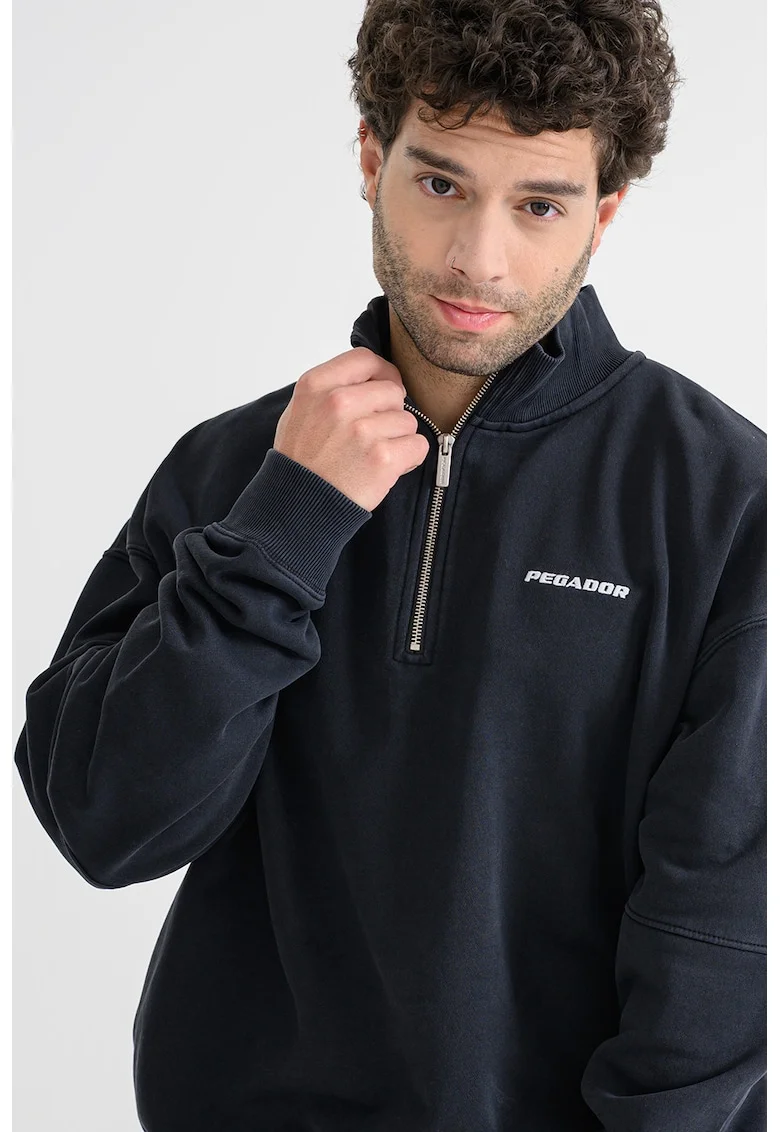 Bluza de trening cu guler cu fermoar scurt si maneci cazute, Negru stins