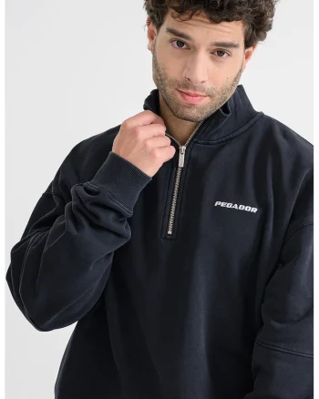 Bluza de trening cu guler cu fermoar scurt si maneci cazute, Negru stins