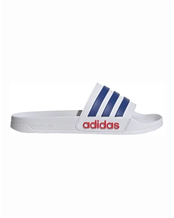 Papuci cu logo Adilette, Alb/Albastru inchis