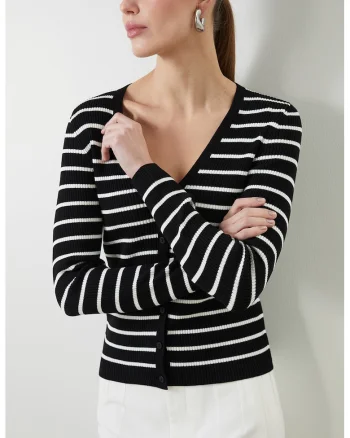 Cardigan cu dungi si decolteu in V, Negru