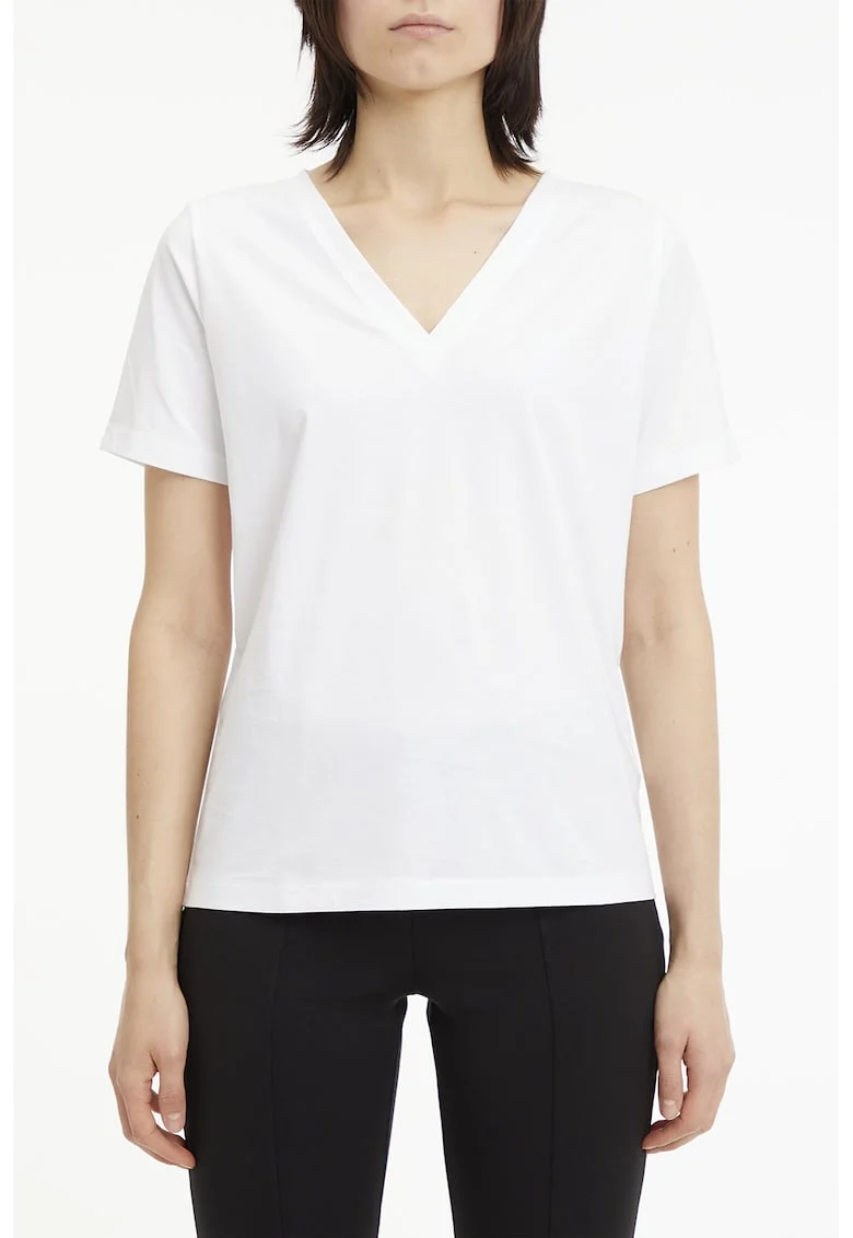 Tricou din bumbac cu decolteu in V, Alb optic