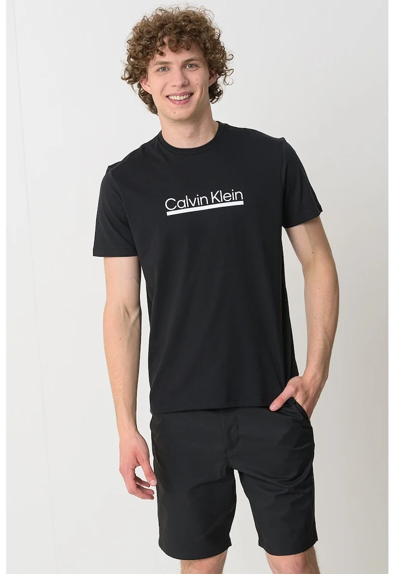 Tricou cu decolteu la baza gatului si imprimeu logo, Alb/Negru