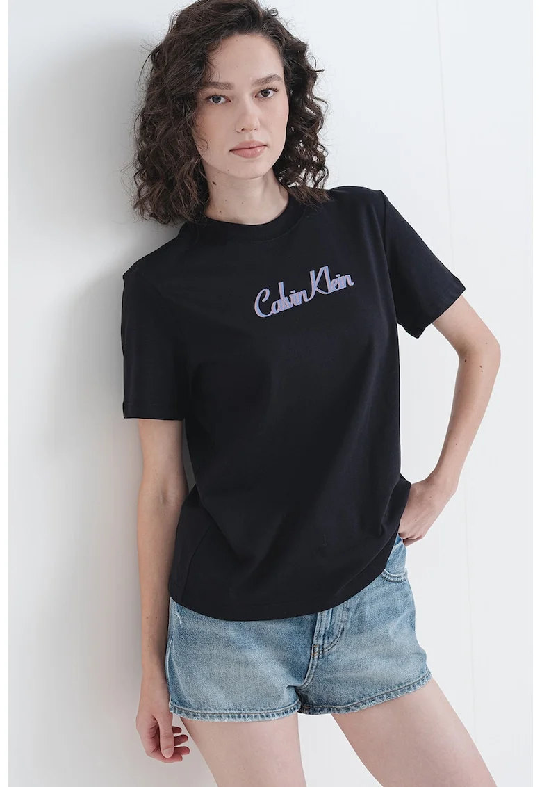 Tricou cu decolteu la baza gatului si logo, Negru/Albastru